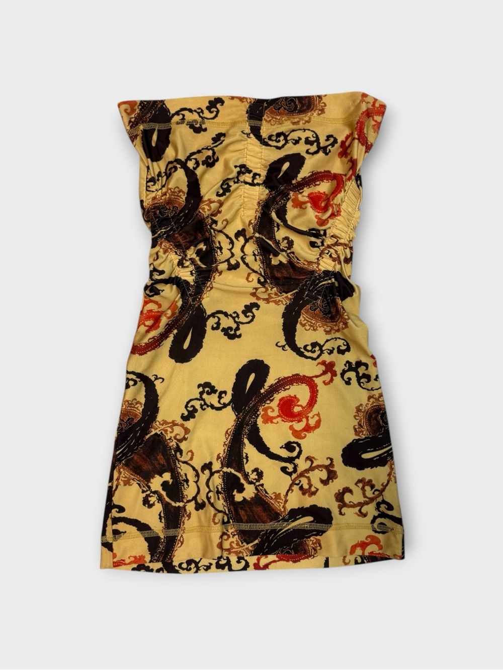 KNWLS Skinn Dress Gold Paisley Ruched Bodycon Mini